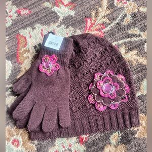 Vtg Y2K Brown Berry Nubby Hat & Glove set w/pink rhinestone flower by Amanda Blu
